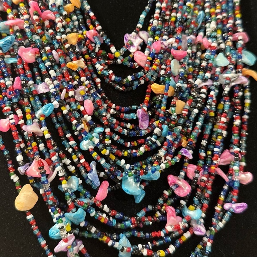 Multi-strand Shells & Seed Beads Multicolored Bib Necklace Layered Bright Pastel - Picture 7 of 15